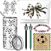 Patelai 7 Pcs Soccer Gifts for Girls Soccer Favors Bulk 14 oz Stainless Steel Cup Makeup Bag Bracelet Hair Scrunchies Ballpoint Pen with Inspirational Cards for Senior Night Birthday Team