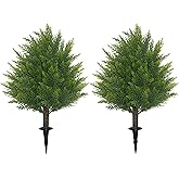 21'' Artificial Cedar Topiary Ball Trees with Ground Spike, 2 Pack Artificial Shrubs, UV Resistant Fake Plant Brush for Indoor Outdoor Front Porch Garden