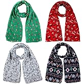 Tarpop 4 Pieces Christmas Sheer Scarf Xmas Santa Scarf for Women Soft Lightweight Snowman Scarves Red Green Thin for Holiday Supplies