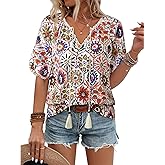Vivilli Womens Summer Boho Tops Casual V Neck Short Sleeve Blouses Floral Print Shirt Tie Front Flowy Vacation Clothes