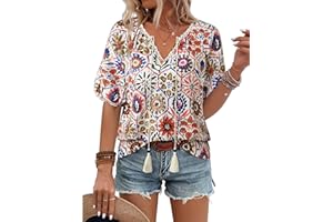 Vivilli Womens Summer Boho Tops Casual V Neck Short Sleeve Blouses Floral Print Shirt Tie Front Flowy Vacation Clothes