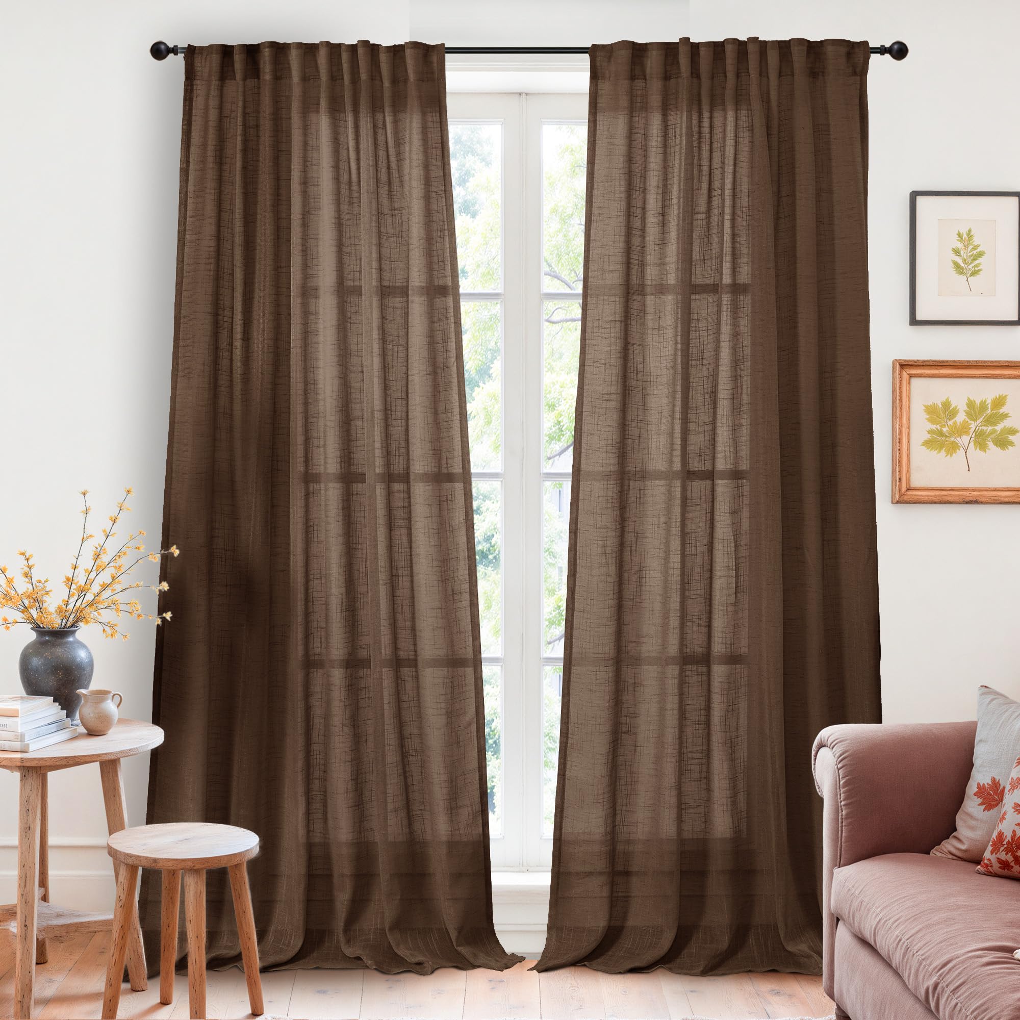 Photo 1 of YoungsTex Brown Linen Curtains 84 Inch Length for Living Room - Chocolate Light Filtering Drapes Semi Sheer with Rod Pocket Back Tab for Bedroom, 2 Panels, 52 X 84 Inch
