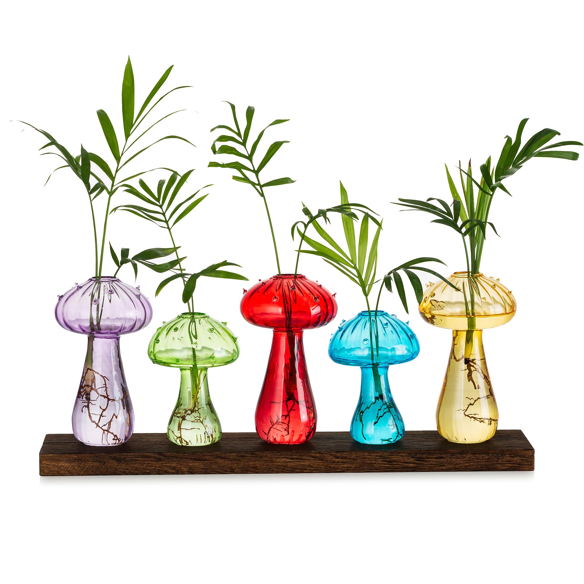 Glasseam Mushroom Flower Vase, Glass Vases for Flowers Set of 5, Modern Propagation Station with Wood, Bud Vases for Decor, Coloured Plant Terrarium Jar Cute Vase for Office Table Chic Gifts for Women
