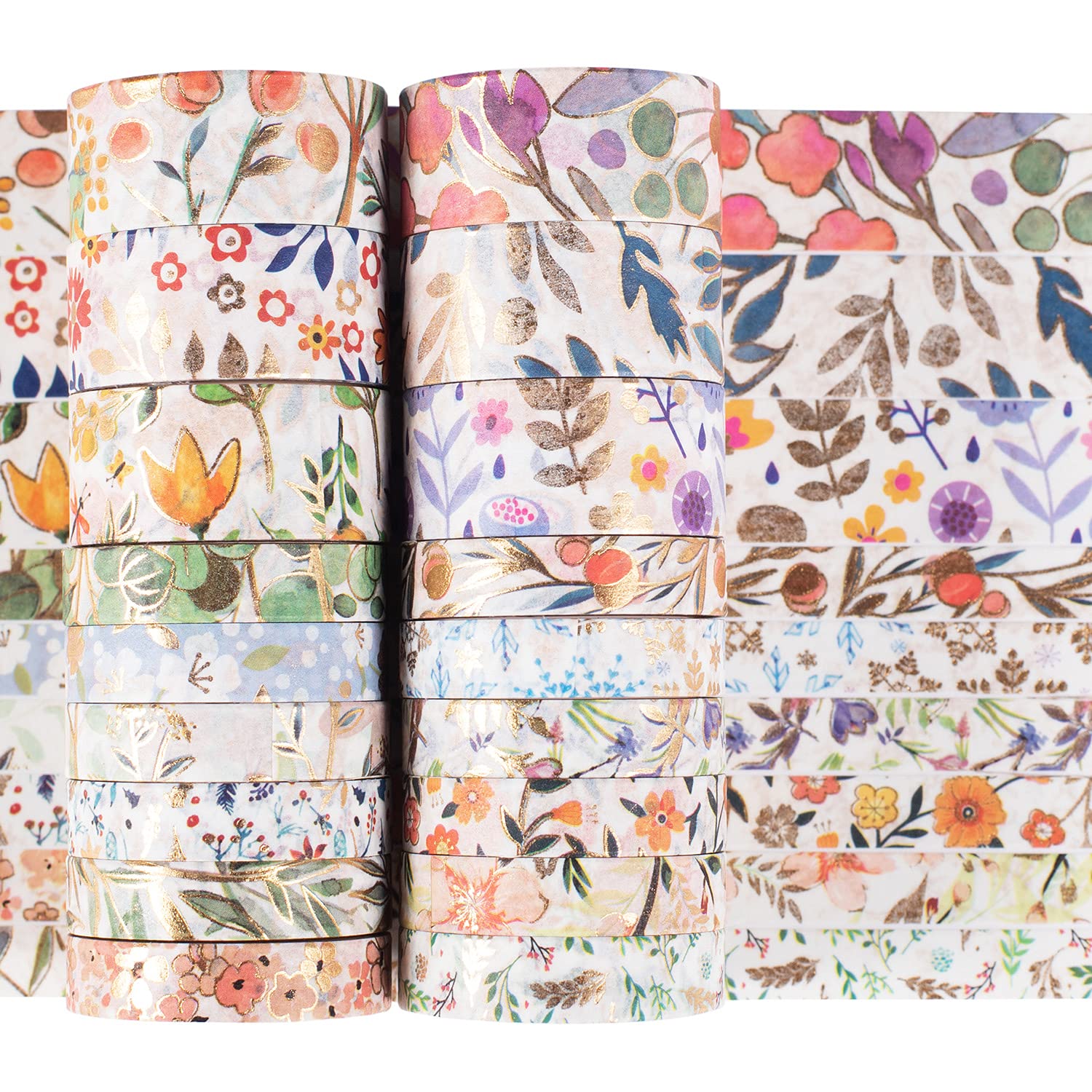 YUBX 18 Rolls Floral Gold Washi Tape Set VSCO Foil Masking Decorative for Arts, DIY Crafts, Bullet Journal Supplies, Planners, Scrapbook, Card/Gift Wrapping 8/15mm Wide (Blooming)