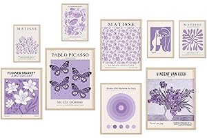 KONGSY Purple Wall Art Prints Set of 9, Lavender Abstract Matisse Exhibition Posters, Light Purple Wall Decor, Aesthetic Pictures Room Decor for Teen Girls Dorm, Bedroom