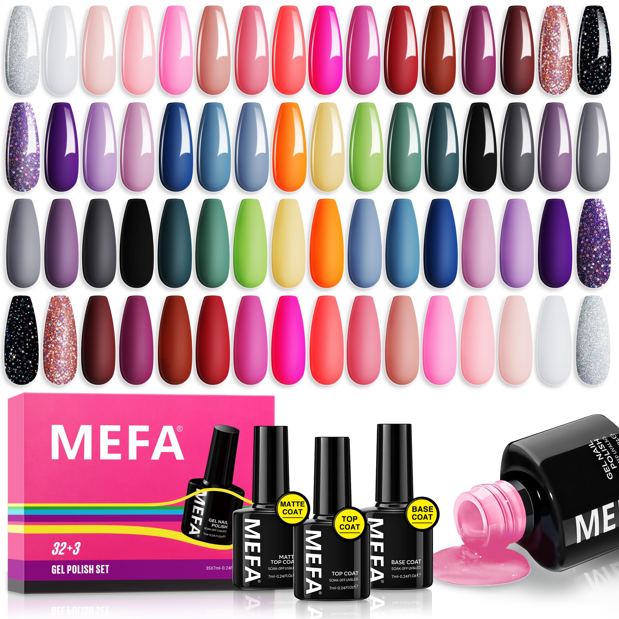 MEFA 35 Pcs Gel Nail Polish Set, 32 Colors All Seasons Collection Gel Nail Polish Kit with Base Coat No Wipe Glossy/Matte Top Coat Blue Red Pink Nail Art Manicure DIY Salon Home Gifts for Women Girls