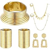 YADOCA 6Pcs African National Jewelry for Women Egypt Gold Choker Collars African Vintage Statement Choker Necklaces Wide Leather Bangle Bracelet Nose Rings Hoop Chain Earrings Sets