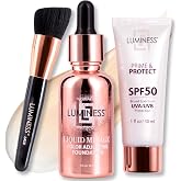 LUMINESS Liquid Mirage Color Adjusting Foundation 3PC Kit with SPF 50 Primer &amp; Pro Makeup Brush - Buildable Coverage, Designed for Mature Skin