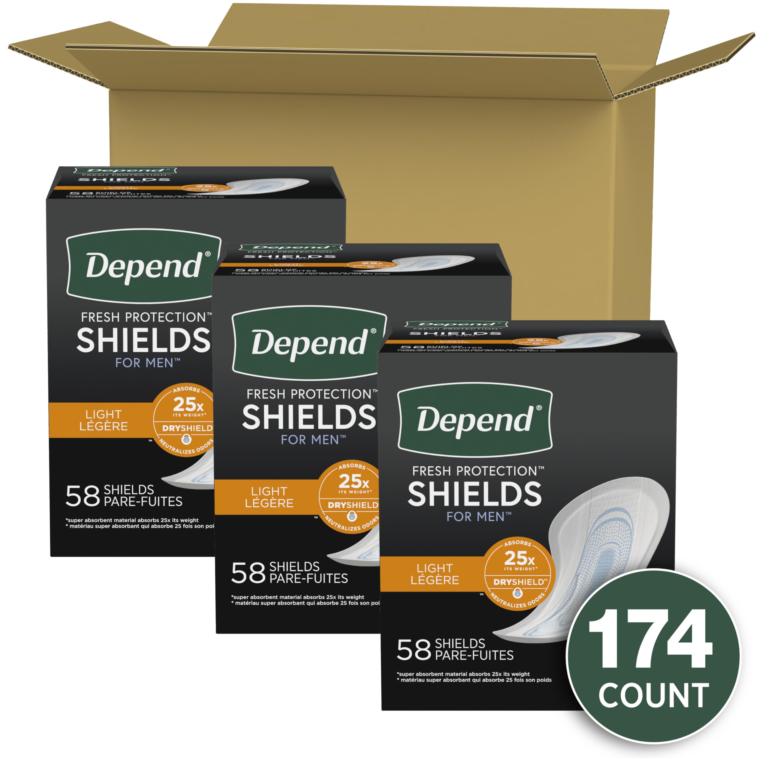 Depend Incontinence/Bladder Control Shields, Pads for Men, Light