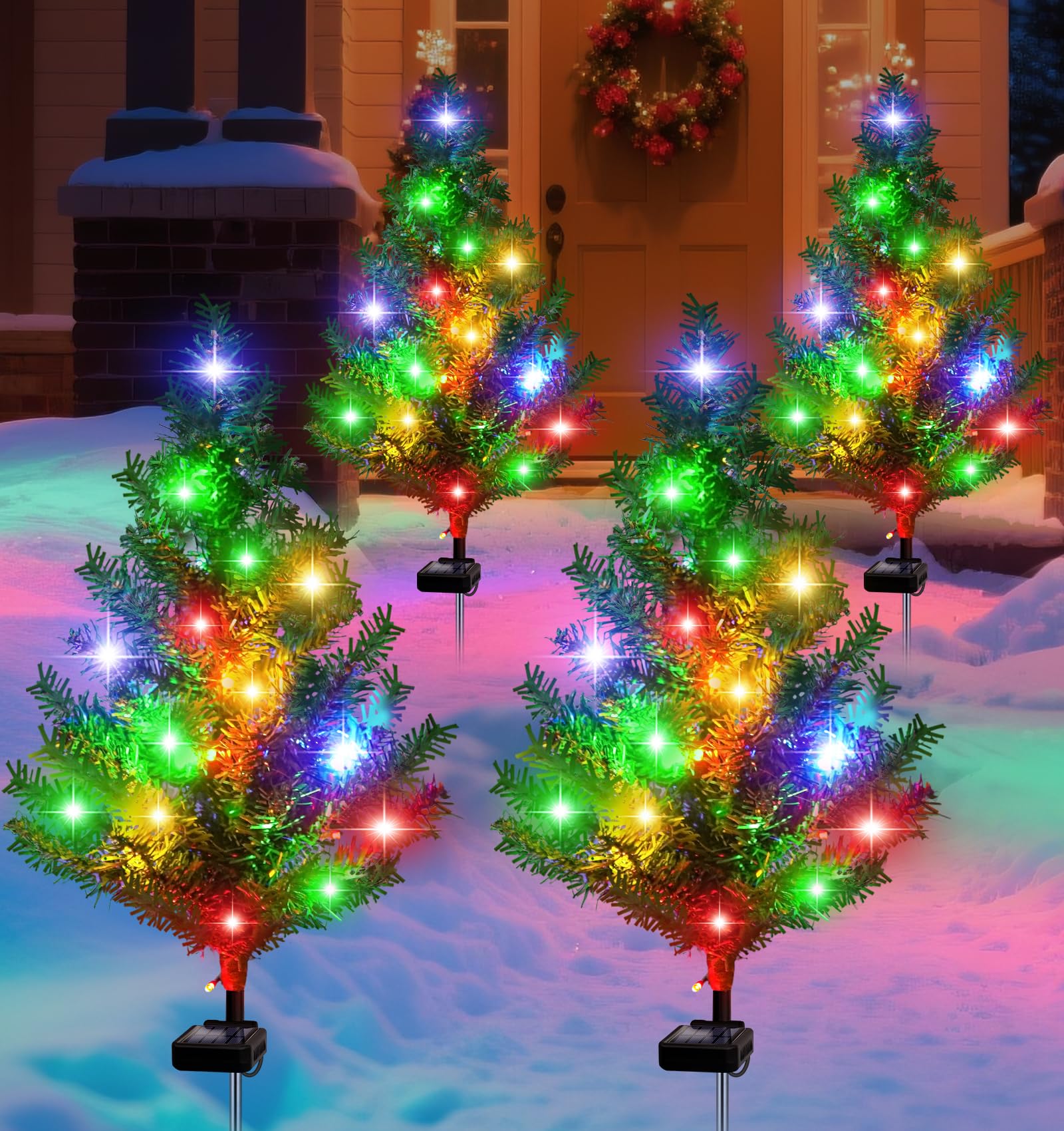 Photo 1 of Solar Christmas Tree Outdoor Decor, Waterproof Solar Xmas Decorations Garden Stake Lights, Multi-Color LED Artificial Prelit Christmas Décor for Outside Landscape Pathway Porch Yard Holiday (4 pcs)