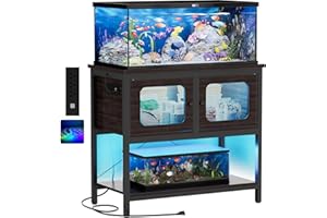 iSunirm Metal Aquarium Stand with LED Light and Power Outlets, Fish Tank Stand with Cabinet and Accessories Storage for 40-55 Gallon, Turtle Tank, Reptile Terrarium Table, 880LBS Capacity, Dark Walnut