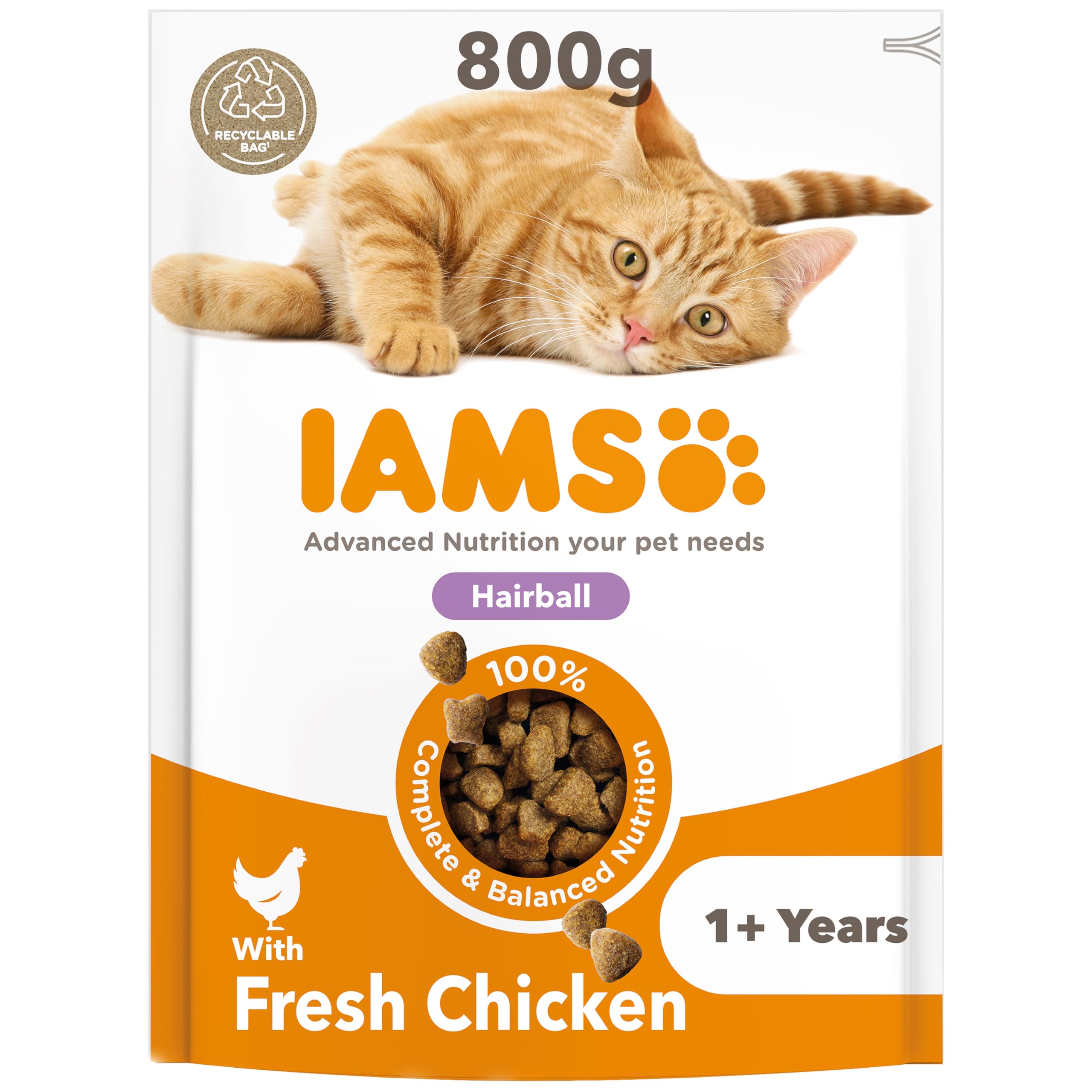 IAMS Hairball Complete Dry Cat Food Chicken 800g - Significantly Reduces Hairball Formation