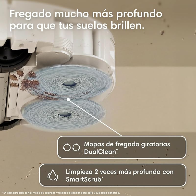 Roomba Plus 416 Combo e Base AutoWash, Aspirador e Esfregão, Acessórios Extra, 20000Pa, Esfregona Extensível, Esfregonas DualClean Levantáveis, Secagem a Quente, LiDAR Clearview, 90 dias de Autonomia, Branco
