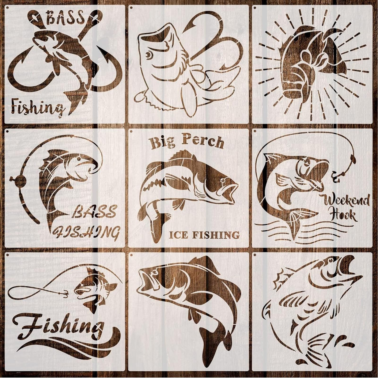 Eowppue 9 Pcs Fish Themed Plastic Stencils, Reusable Sea Life Painting Templates for DIY Crafts, Wall Decor, Scrapbooking（ 21x21cm）