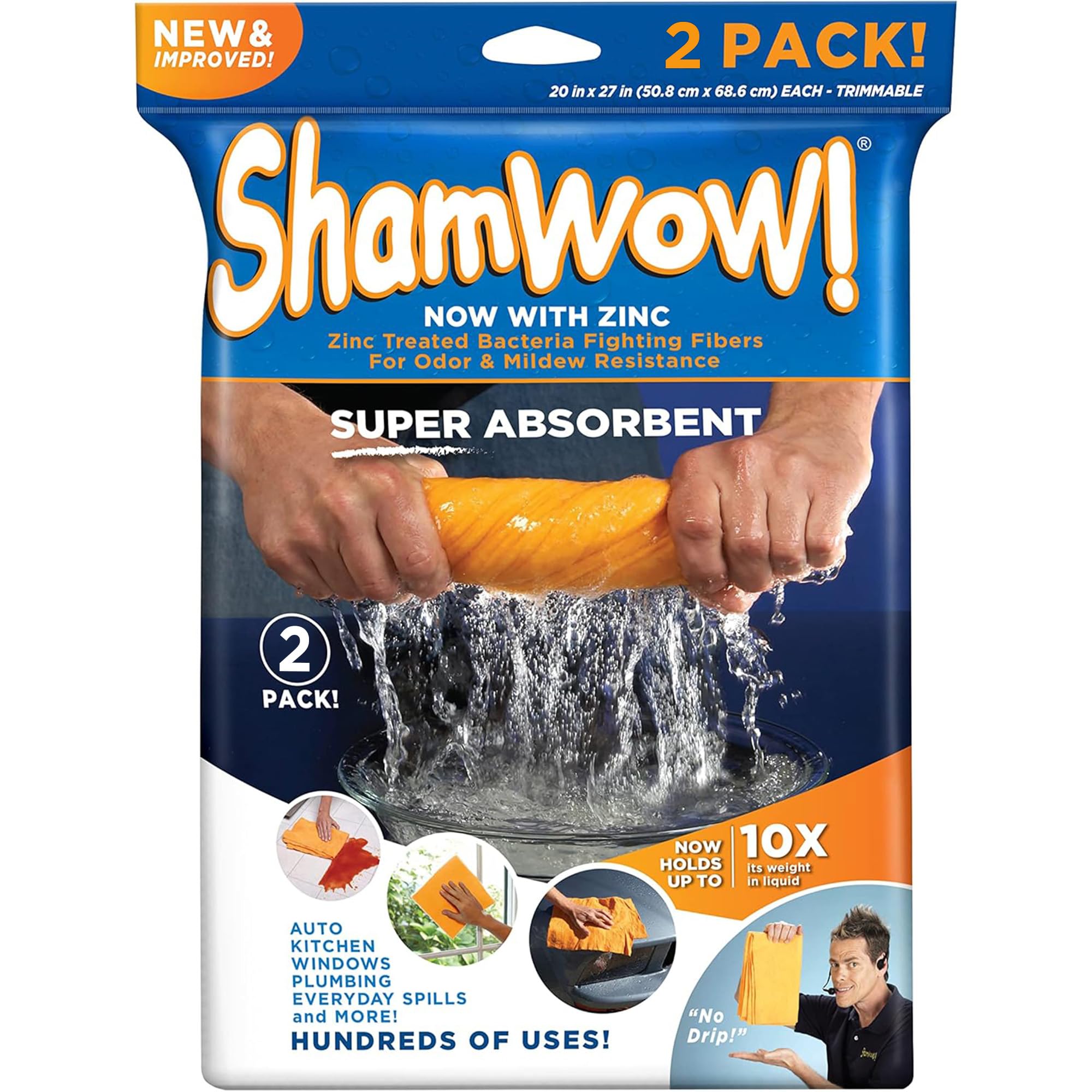 The Original Shamwow - Super Absorbent Multi-Purpose Cleaning Shammy Chamois Towel Cloth - Holds 10X its Weight in Liquid - Machine Washable - Will Not Scratch (2 Pack, Large Orange)