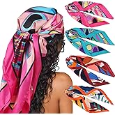 DRESHOW 35” Large Square Satin Head Scarf - 4Pcs Silk Accessories Classic Patterned Squares Beach Bandanas for Women