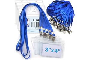 BIRD FIY 4x3 Name Tags Badge Holder with Lanyard 50 Pack Waterproof Horizontal ID Badge Holder and 50 Pcs Lanyards Nametag for Conferences, Events, and Meetings (Blue, 4 X 3 inches)