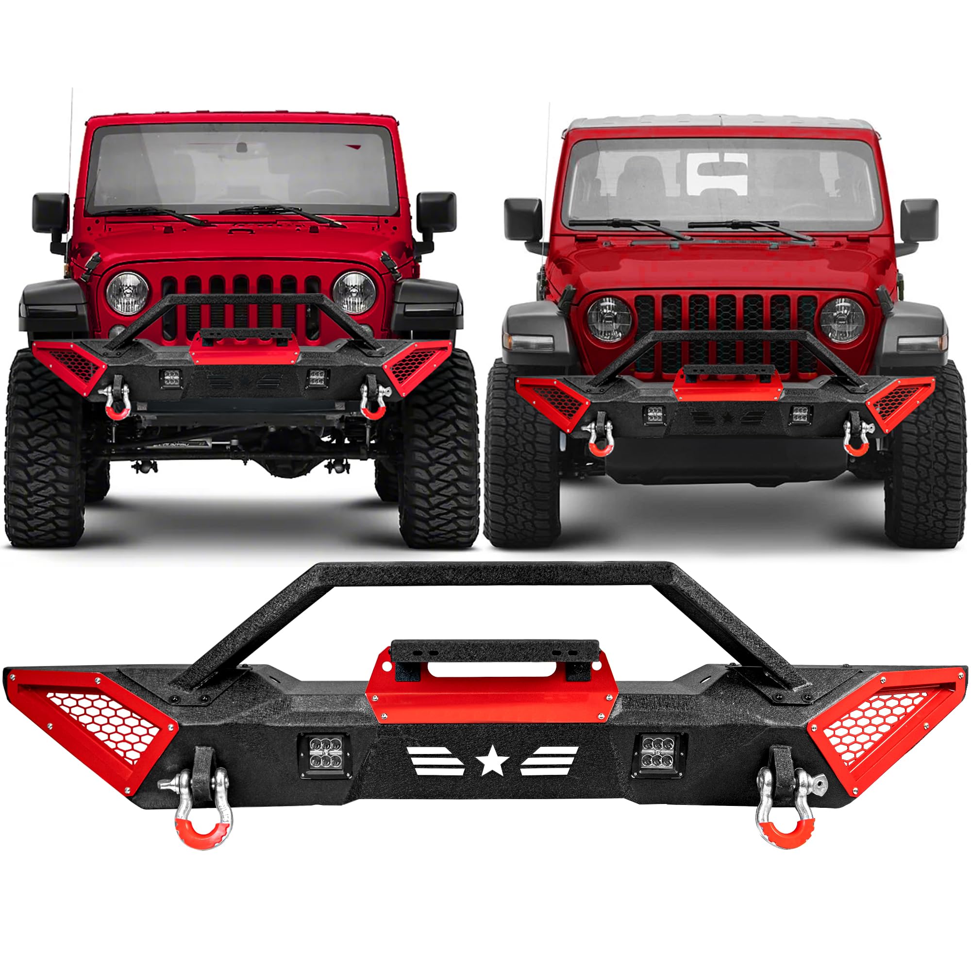 Photo 1 of *Dirty* Front Bumper - Compatible with 2007-2018 JP Wrangler JK/JKU & 2018-2024 JL/JLU, Off-Road Rock Crawler Full-Width Bumper with Winch Plate, LED Lights, D-Rings & Red Paintable Armor