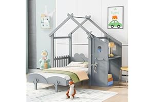 Harper & Bright Designs Twin House Bed for Kids, Wood Twin Size Platform Bed with Desk and Two Handles,Twin Kids Bed Frame with Roof,Windmill and Flower Decor for Girls, Boys,Grey