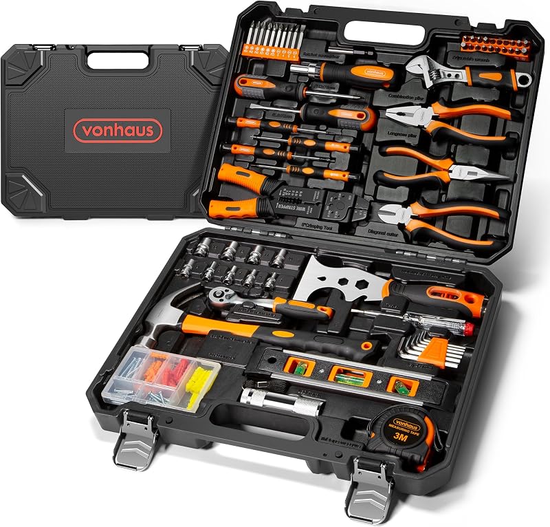 VonHaus 120pc Tool Kit with Carry Case – Hand Tools, Tape Measure, Torch, Hex