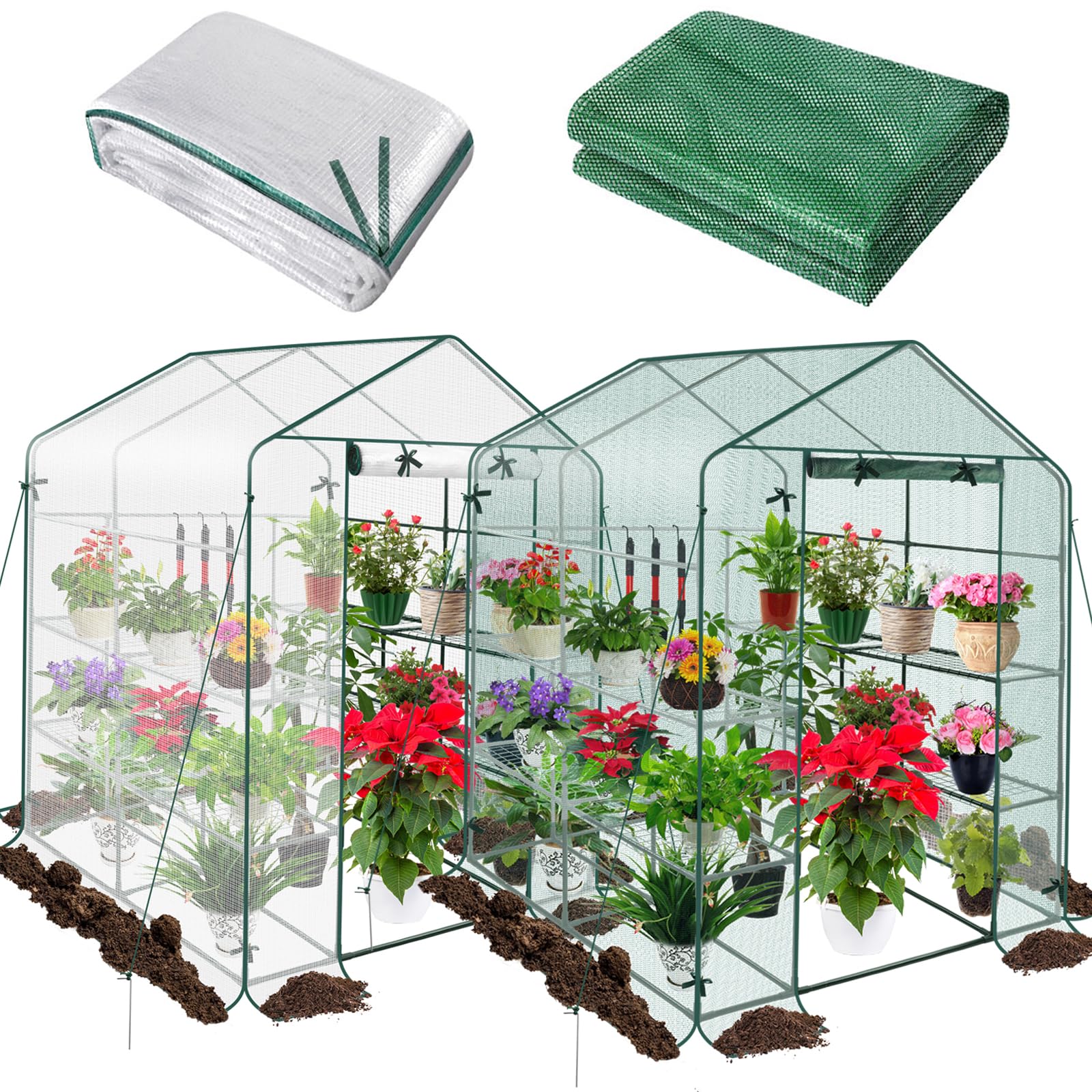 Photo 1 of 2 in 1 Greenhouse for Outdoors with 2 Protective Net, Kalolary 7FT Portable Walk in Greenhouse Plant Garden Green House for Winter Summer Large Garden Greenhouse with Door Heavy Duty Greenhouse (1PC)