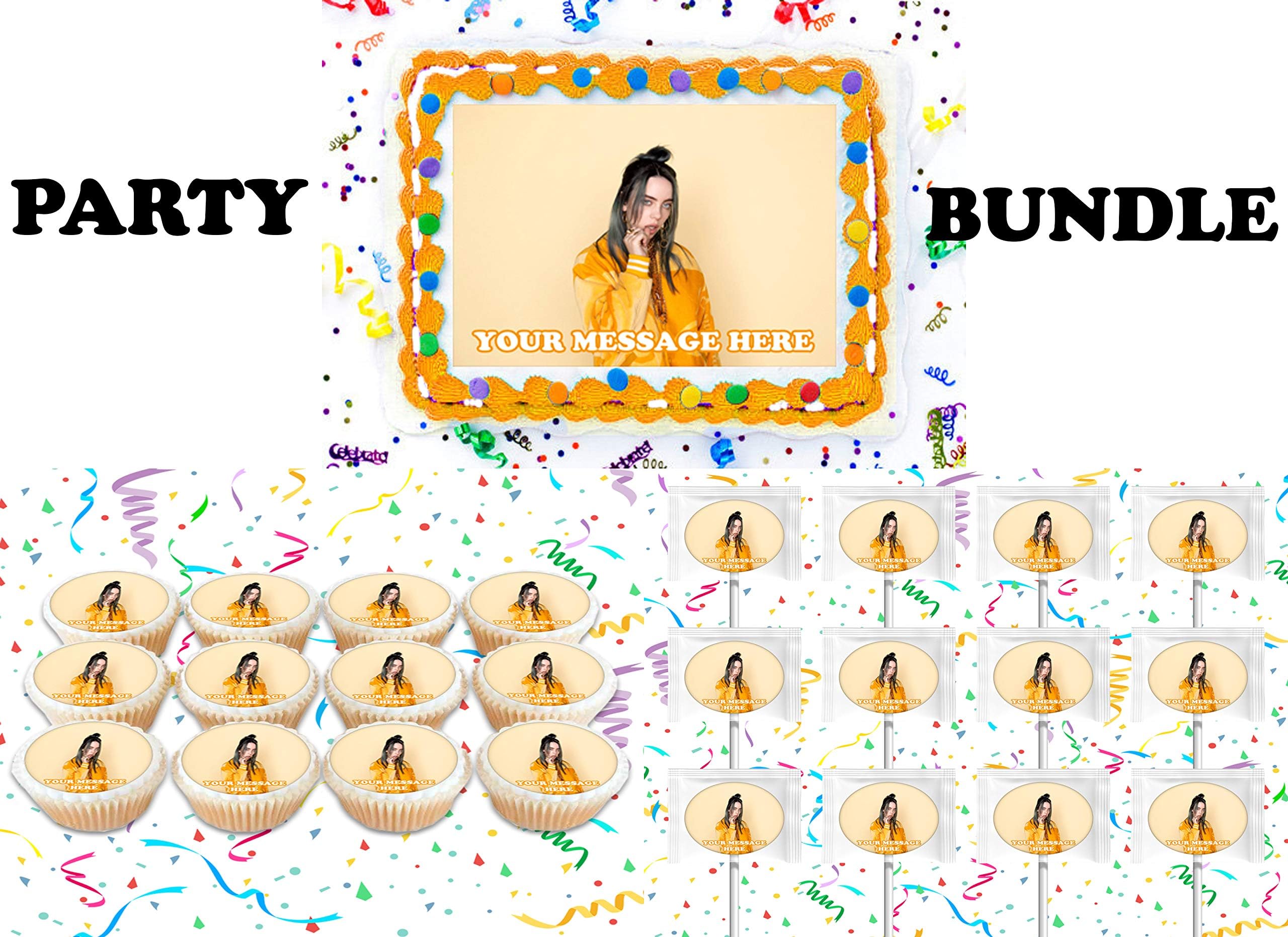 Billie Eilish Party Supplies 3 Pc Set Including Edible Image Cake Topper Frosting Sugar Sheet, Personalized Cupcakes, Lollipops Decorations