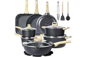 GiPP 21Psc Pots and Pans Set Non Stick White Granite Kitchen Cookware Sets Nonstick Induction Cookware Non-Toxic Cooking Pan 