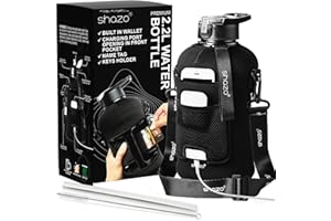 SHAZO KITCHEN Half Gallon 2.2L Water Bottle With Straw 74oz Large Gym Water Bottle With Storage Sleeve, Bottle Brush, BuiltIn Wallet, Pockets for Phone & AirPod, BPA Free Big Sports Water Jug w/ Carry Handle, Black