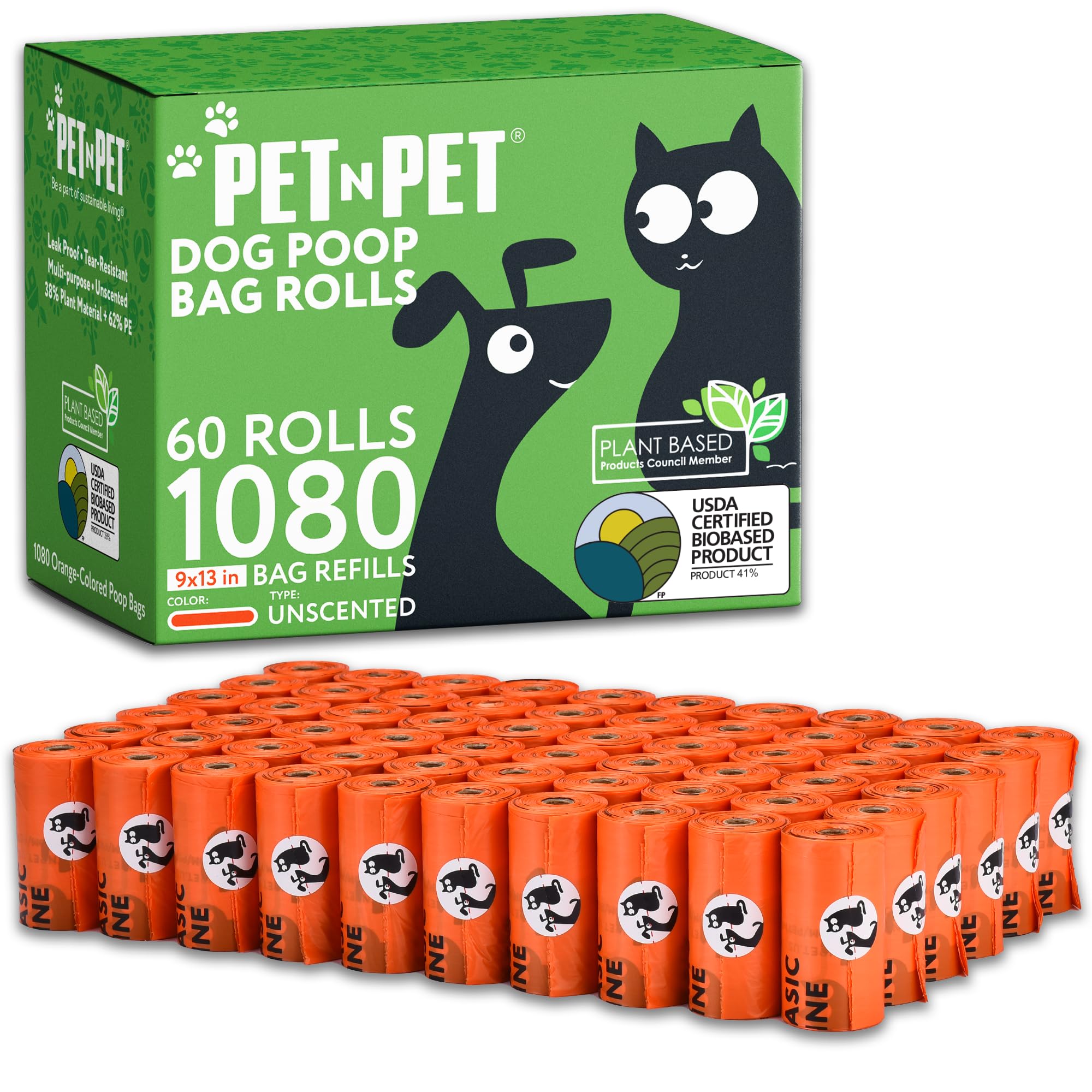 PET N PET 1080 Count Poo Bags Dogs USDA Certified 41 percent Biobased 72 Thick Dog Poop Bags Rolls 9x13 Leak-Proof Orange Unscented