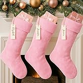 MiniInflat 3 Sets Pink Velvet Christmas Stockings with Blank Wooden Name Tags 17 Inches Large Personalized Xmas Stockings with Hanging Loop for Family Holiday and Fireplace Party Decoration