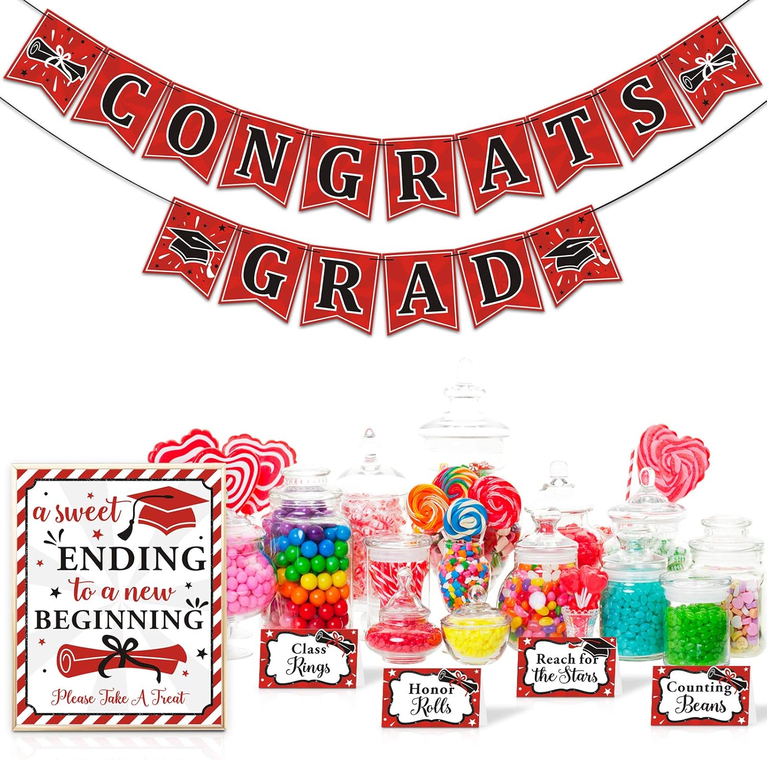Yaaaaasss! Red Graduation Candy Bar Dessert Decoration-A Sweet Ending to A New Beginning Sign Congrats Grad Banner Scarlet Food Labels Dessert Table Party Favor Class of 2021 Ideas Supplies