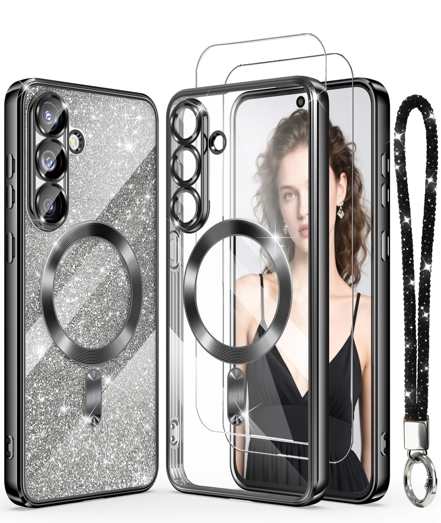 DagoRoo Magnetic for Samsung Galaxy S25 FE 5G Case + 2X Screen Protectors,Luxury Plated Gold Edge [Glitter Card&Wrist Strap] Slim Soft Crystal Clear TPU Shockproof Case Cover for S25 FE-Black