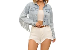 CIMUK Women's Cropped Jean Jackets Fringe Long Sleeve Frayed Hem Tassel Trim Denim Jacket