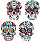 DECSPAS Day of the Dead Decor, 4 PCs Wood Block Sugar Skulls Dia De Los Muertos Decorations, Wooden Skeleton Tiered Tray Decor for Altar, Ofrenda, Home, Table, Mantle, Mexican Fiesta