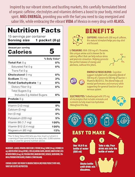 KLASS VIDA HYDRATION + ENERGY ELECTROLYTE DRINK MIX – HIBISCUS AGUA FRESCA FLAVOR | SUGAR-FREE POWDER WITH CAFFEINE, L-THEANINE, COCONUT WATER & MINERALS | 15 SINGLE-SERVE STICK PACKS, LOW CALORIE