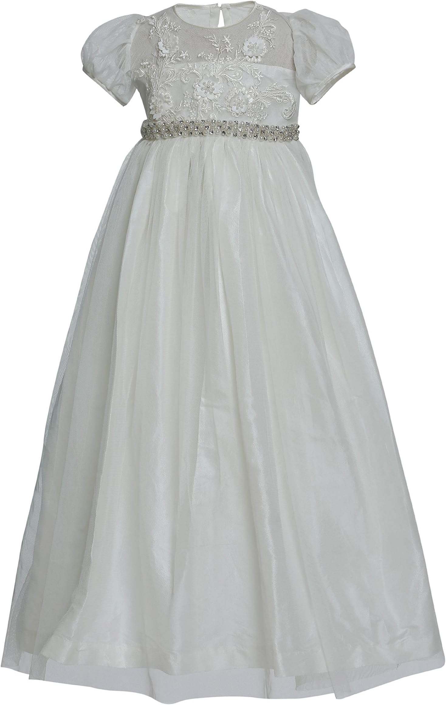 Caremour Baby Girls' Baptism Silk, Tulle, Beaded Alencon Lace Gown