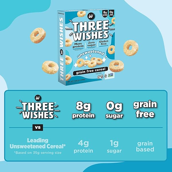 PLANT-BASED AND VEGAN BREAKFAST CEREAL BY THREE WISHES – UNSWEETENED, 1 PACK – MORE PROTEIN AND LESS SUGAR SNACK – GLUTEN-FREE, GRAIN-FREE – NON-GMO
