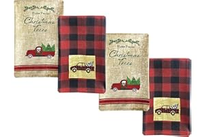 Newbridge Pine Hill Christmas Tree Farm Fabric Holiday Dish Hand Towel Set - Nostalgic Retro Christmas Farm Truck 4 Piece Kitchen Towel Set