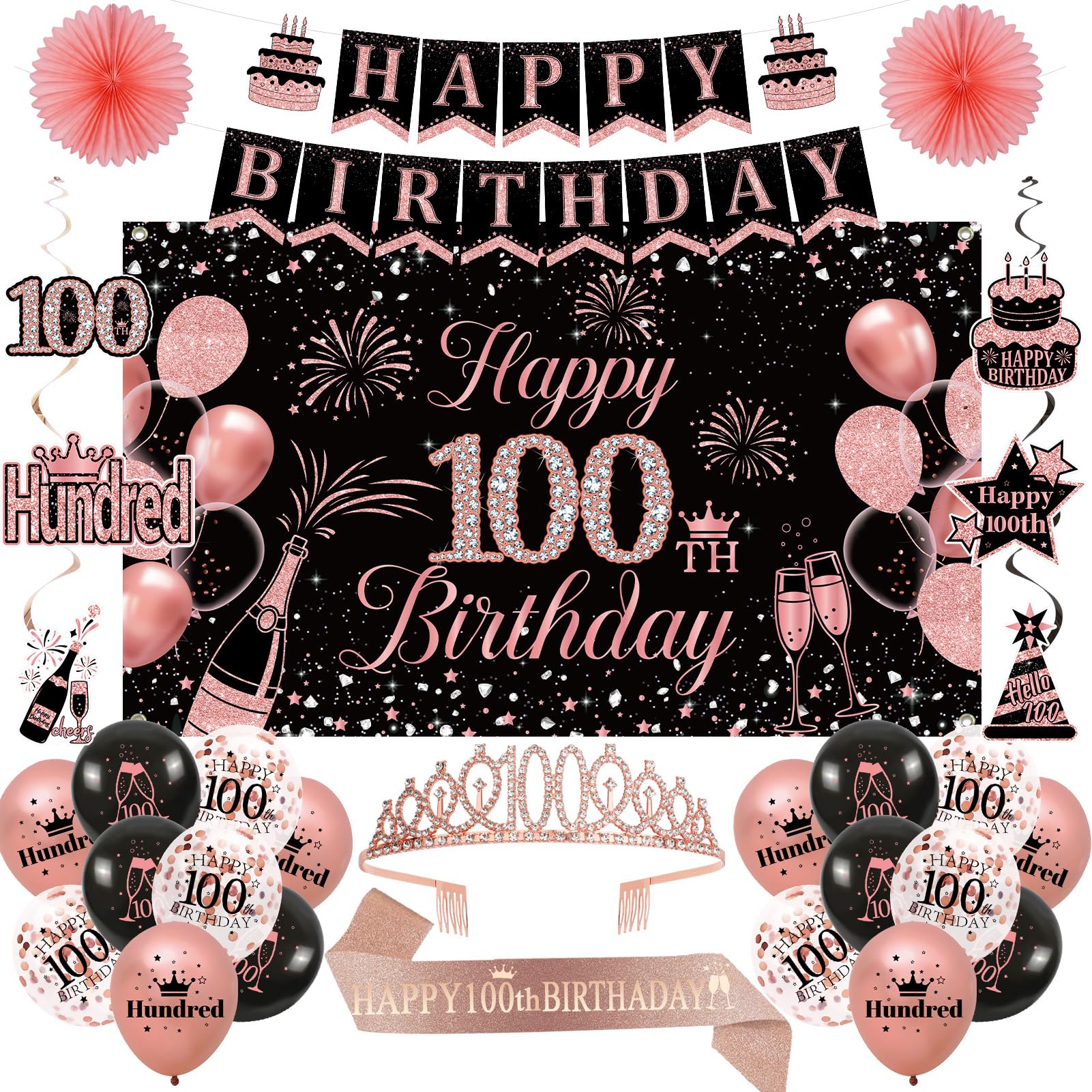 Photo 1 of 100th Birthday Decorations for Women, Rose Gold 100 Birthday Crown and Sash, Black and Pink 100 Years Banner Balloons Backdrop Hanging Swirls Paper Fans, 100 Years Old Party Supplies (100th)