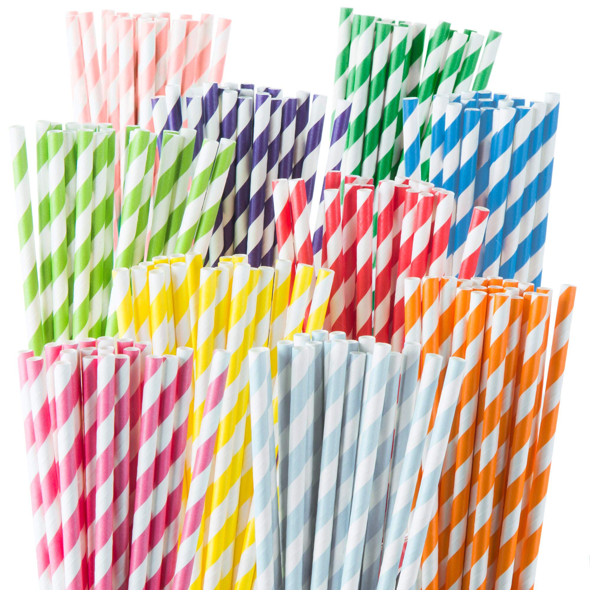 Weemium Paper Straws Disposable 200 Pack - Striped Straws in 10 Colors - Biodegradable, Durable and Eco friendly - Non-soggy Paper Straws for Drinking and Crafts
