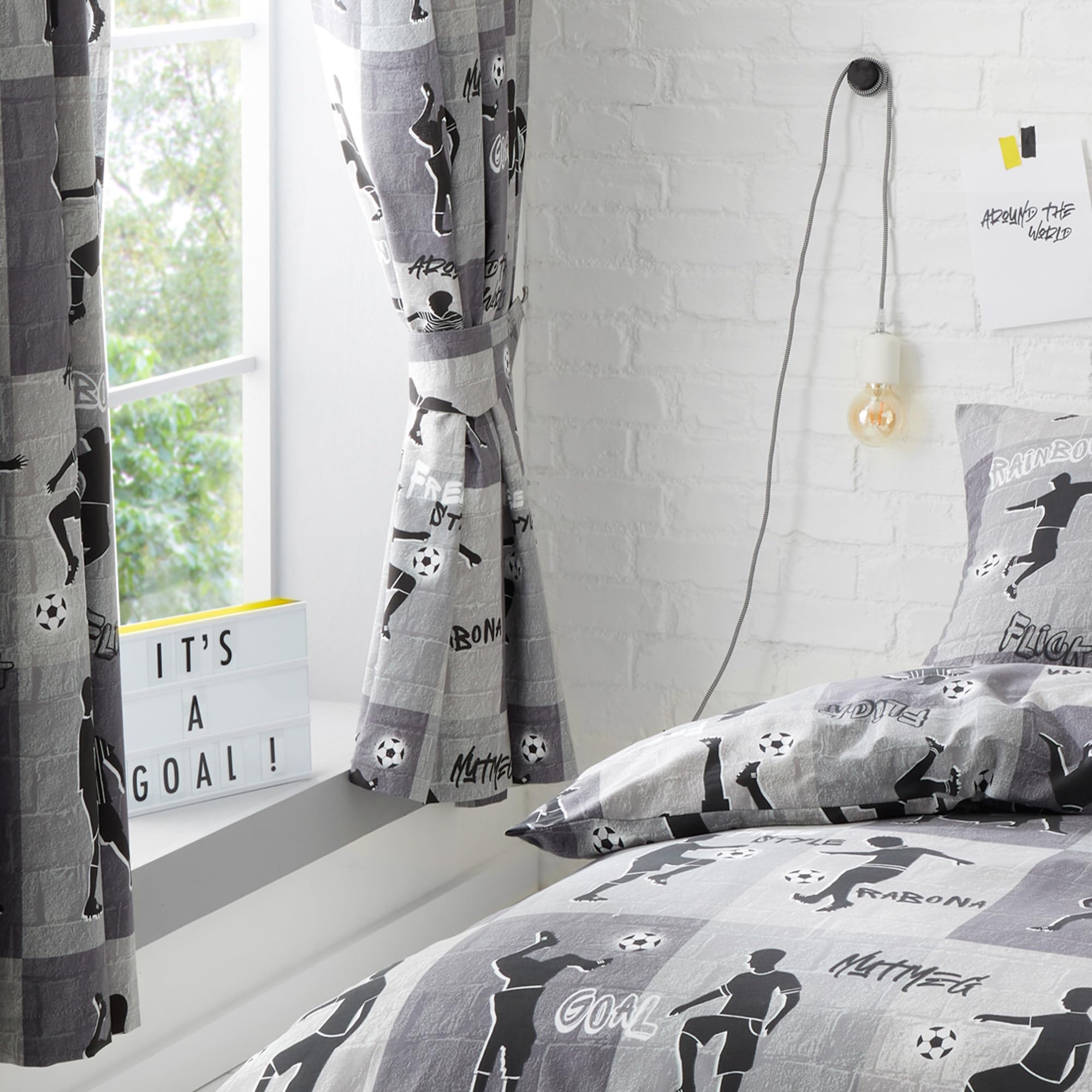 Happy Linen Company Boys Girls Kids Freestyle Football Tricks Grey Charcoal 66" x 72" Fully Lined Pencil Pleat Curtain Set