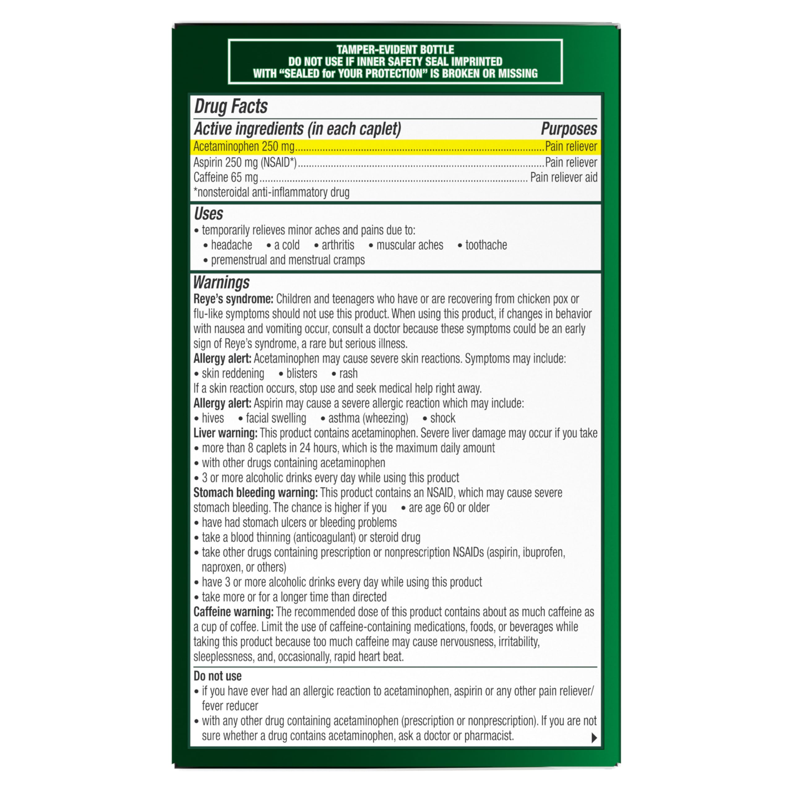 Excedrin Extra Strength Pain Relief Caplets for Headache Relief, Acetaminophen 250mg, Aspirin 250mg, Caffeine 65mg, Pain Reliever, 200 Count