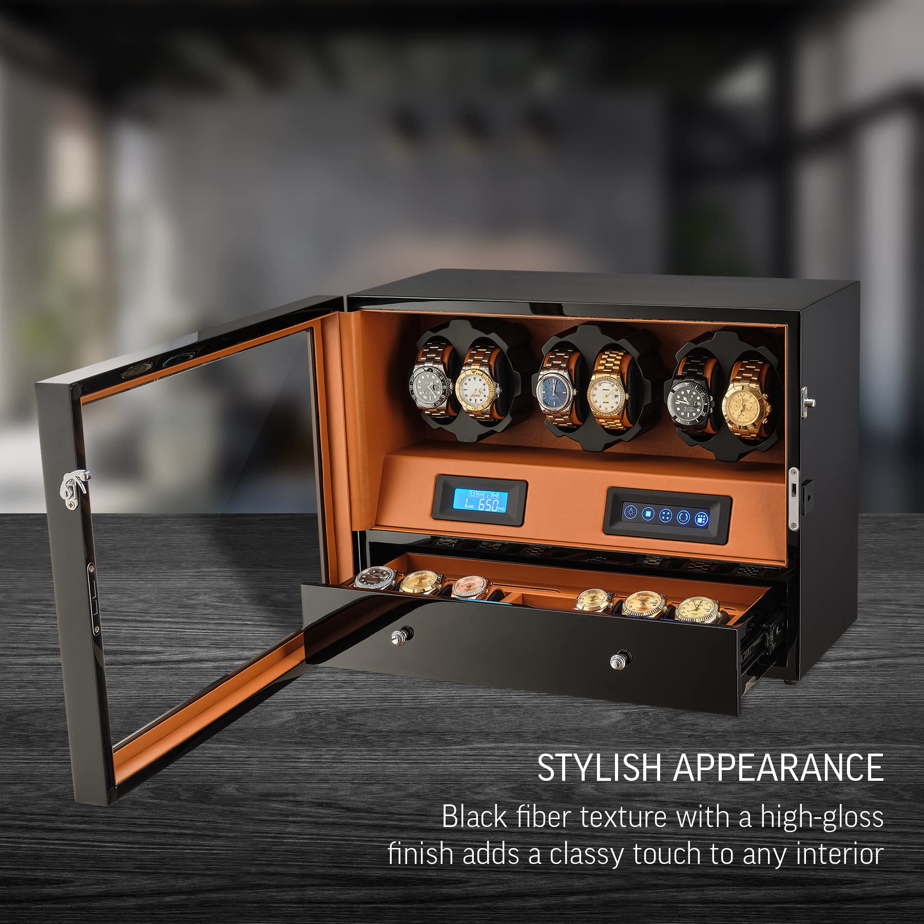 6 Watch Winder with Jewelry Storage Drawer, LCD Display, Touch Control and Interior Backlight