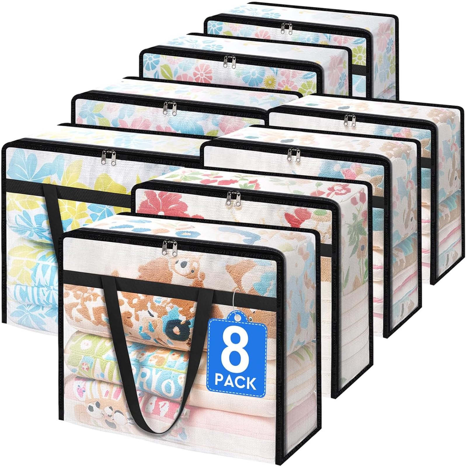 BlissTotes 8 Pack Clear Clothes Storage Bags, Moving Bags, Foldable Blanket Storage Under Bed Storage Containers with Sturdy Zipper and Handle for Clothing, Comforter, Bedding, Sheet (90L)