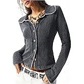 RoseSeek Women's Button Down Ribbed Knit Tops Collared Fitted T Shirts Crop Tops