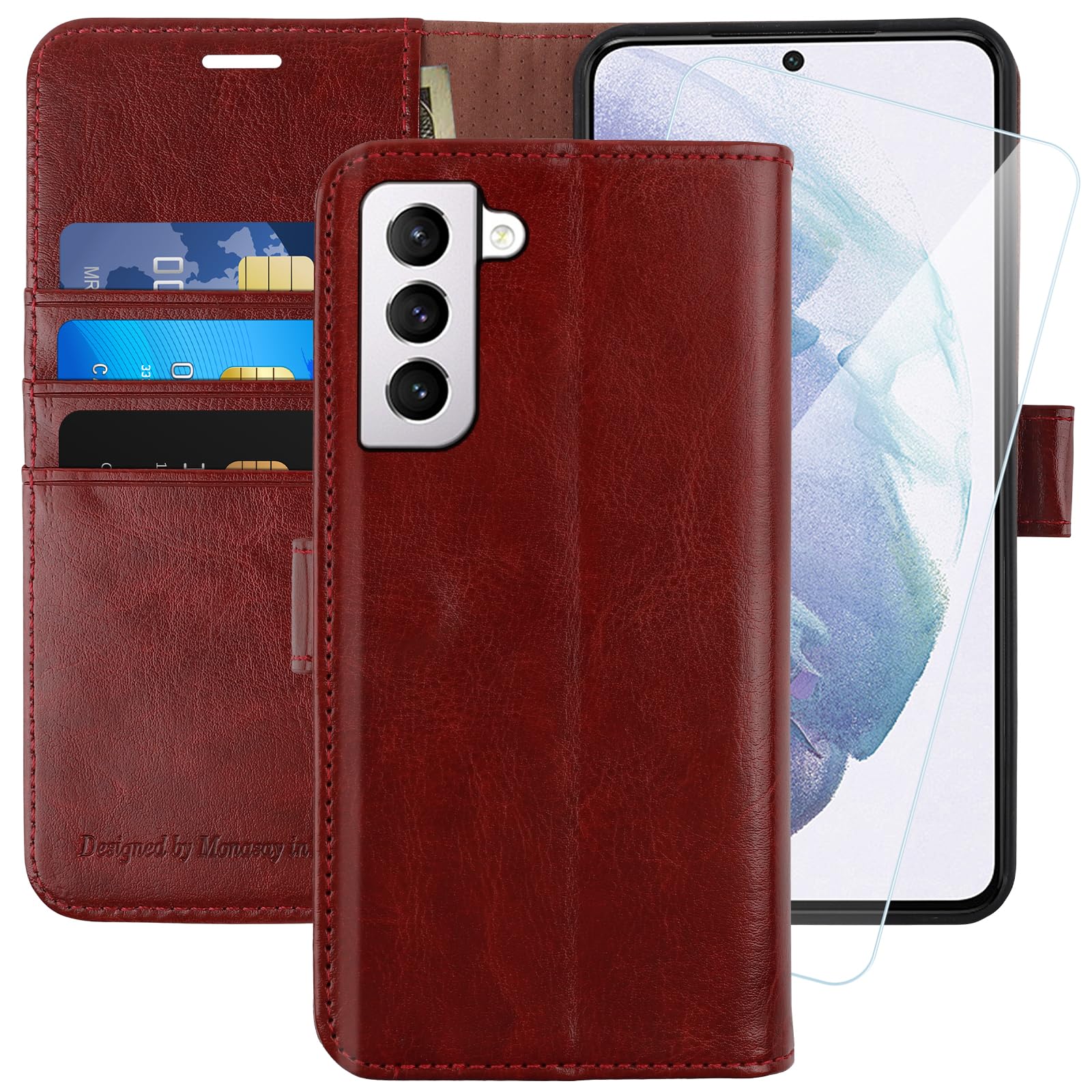 Photo 1 of MONASAY Wallet Case Compatible for Galaxy S21+Plus 5G, 6.7 inch [Screen Protector Included][RFID Blocking] Flip Folio Leather Cell Phone Cover with Credit Card Holder, Burgundy