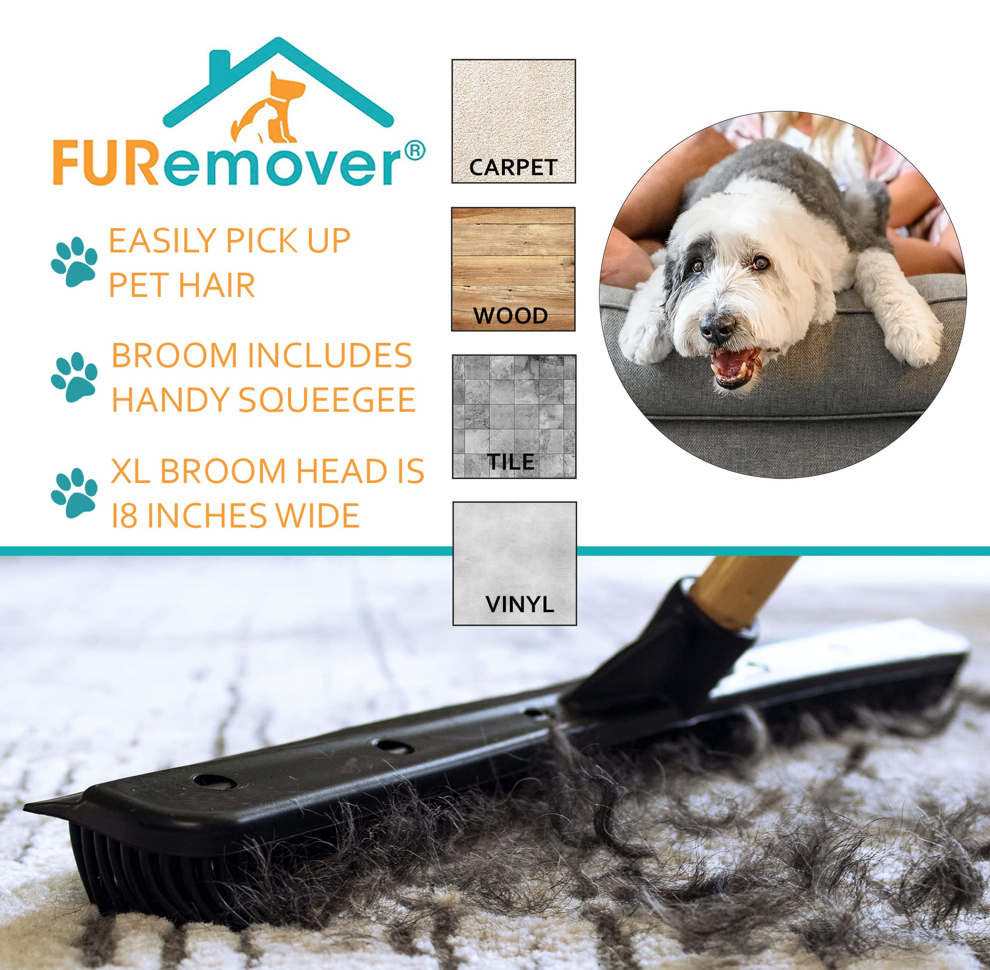 FURemover PRO Pet Hair Rubber Broom with Squeegee, 58” Telescopic Handle for Carpet, Tile and Hardwood