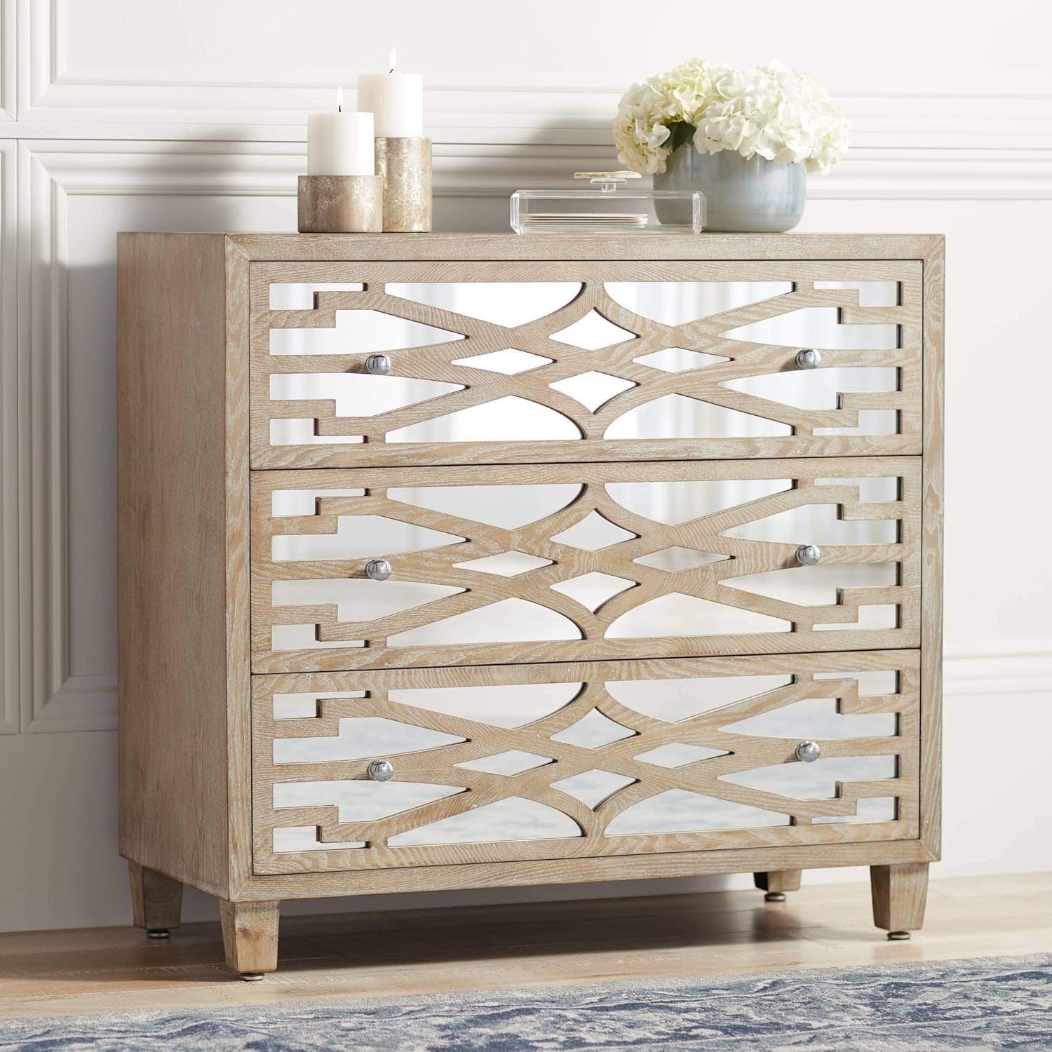 Rowan 34" Wide Mirrored and Whitewash 3-Drawer Accent Chest - 55 Downing Street