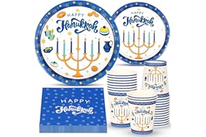 Atonofun Hanukkah Party Supplies, Happy Hanukkah Plates and Napkins Set, Hanukkah Party Plates and Cups, Napkins for Hanukkah Birthday Jewish Chanukah Themed Parties Serves 24