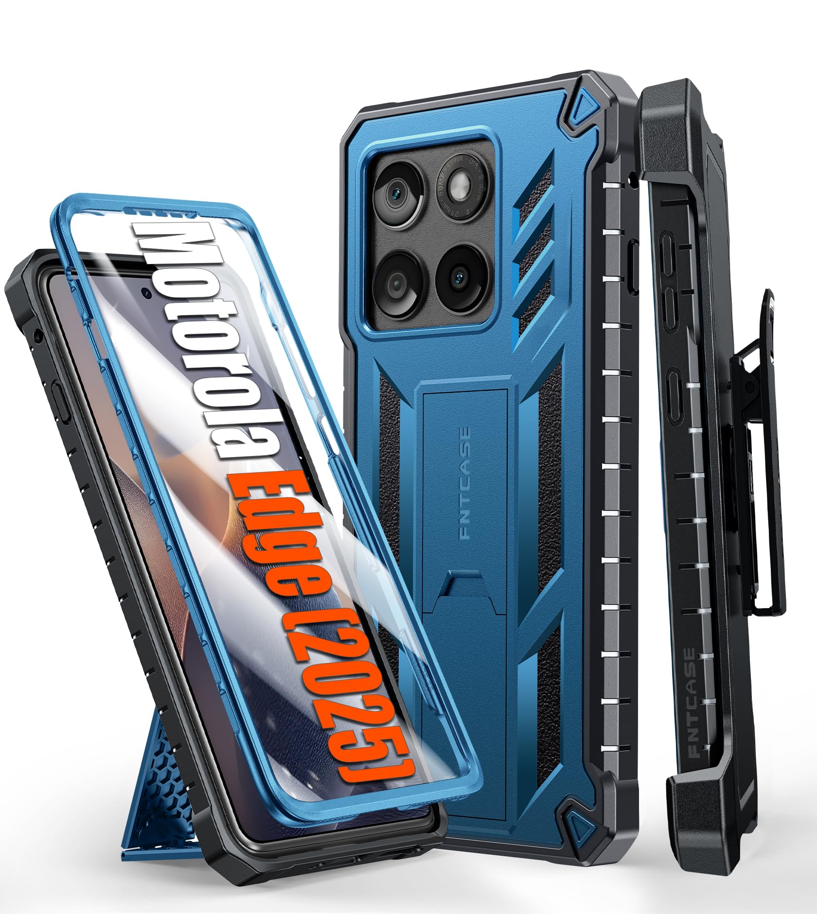 FNTCASE for Motorola Edge 2025 Case: Military Grade Rugged Cell Phone Cover with Kickstand & Holster | Shockproof TPU Protection Bumper with Belt-Clip | Heavy Duty Protector (Blue)